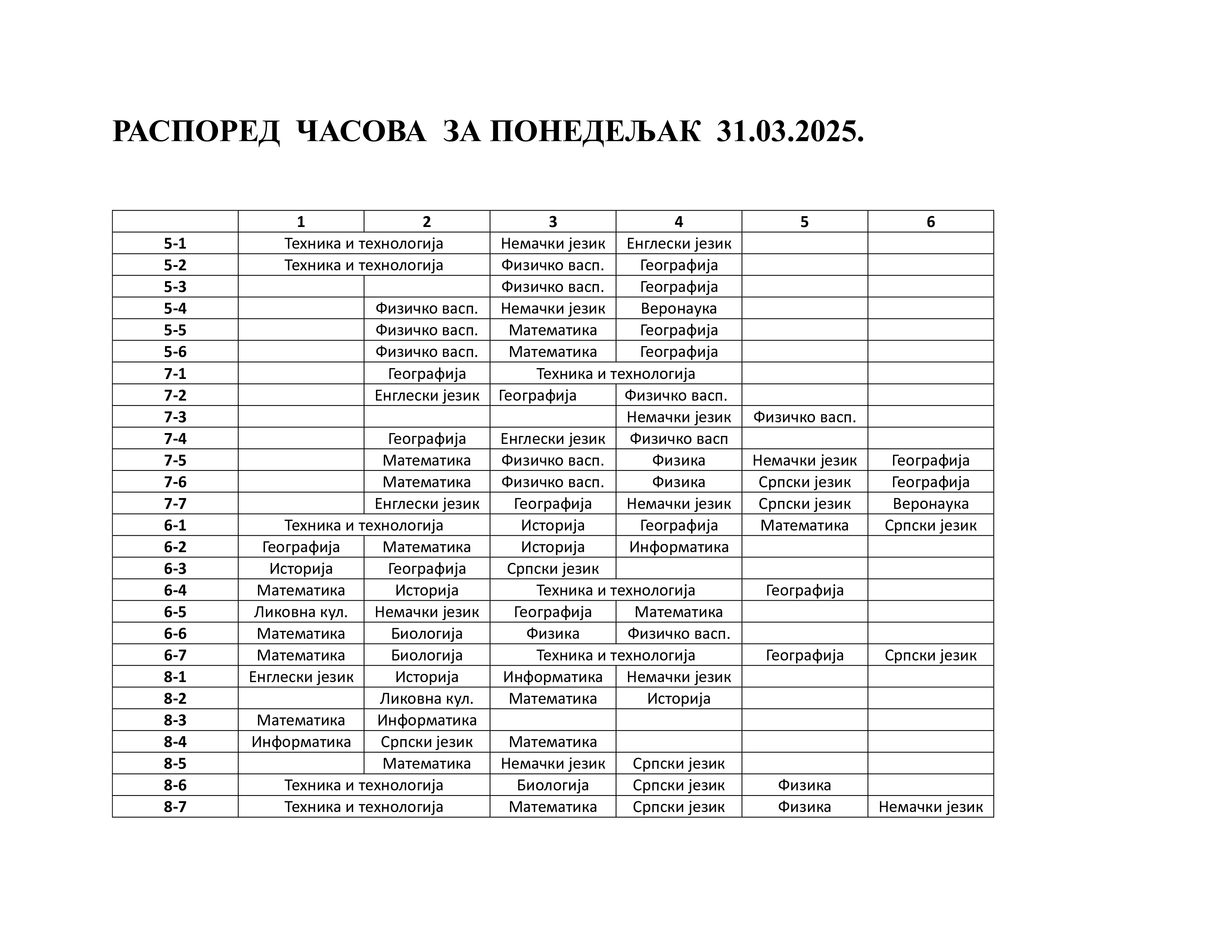 Распоред часова понедељак 2